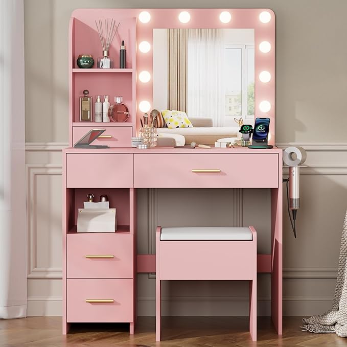 Vanity Desk with Mirror and Lights, 3 Adjustable Lighting Makeup Vanity Desk with 3 Storage Shelves, 5 Large Drawers and Power Outlet, Vanity with Chair for Bedroom, Pink