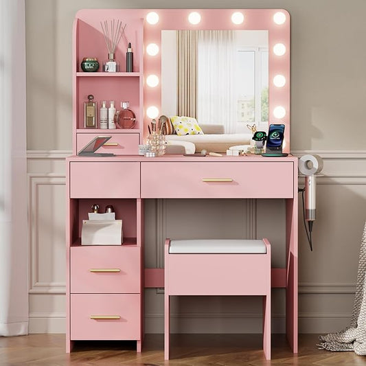 Vanity Desk with Mirror and Lights, 3 Adjustable Lighting Makeup Vanity Desk with 3 Storage Shelves, 5 Large Drawers and Power Outlet, Vanity with Chair for Bedroom, Pink