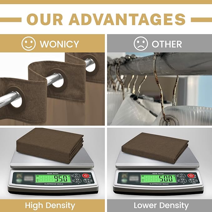 No Hook Shower Curtain with Snap in Liner, Polyester Textured Shower Curtain with Liner Set, Waterproof Washable Hotel Style Shower Curtains for Bathroom, 71Wx74H, Brown