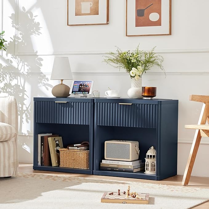 LEYAOYAO Fluted Nightstand with Charging Station, 23" Wide 1 Drawers Night Stand,Blue End Table with Open Storage,Farmhouse Bed Side Tables, Wood Dresser for Bedroom, Living Room, Closet