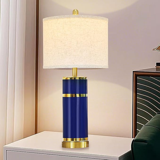 Royal Blue & Gold Ceramic Table Lamps (Set of 2) - 28" Luxe Bedside Lights with USB Charging & Rotary Switch, Bulbs Included