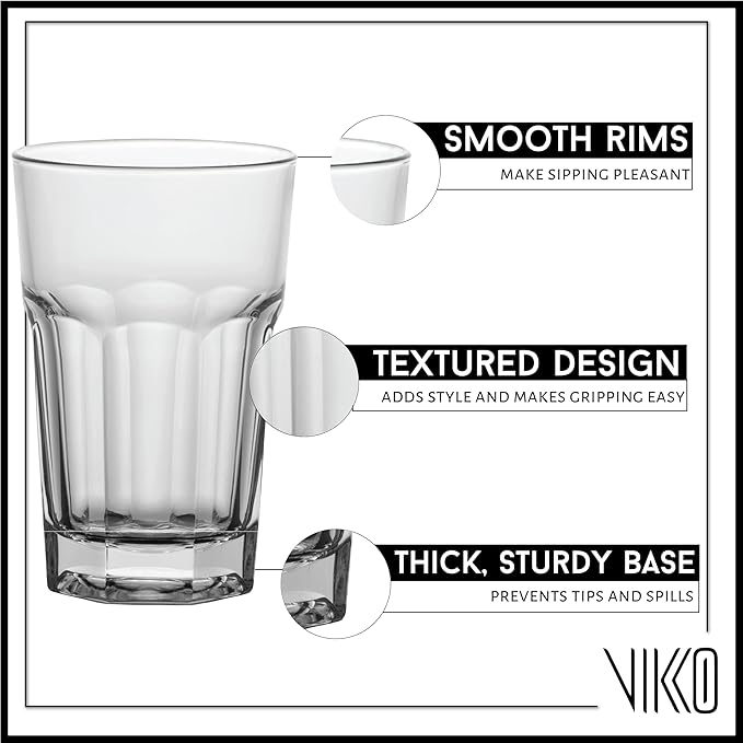 Vikko Drinking Glasses, 11.5 Ounce Glass Cups, Durable Glasses Drinking Set of 6, Stackable Water Glasses, Highball Glasses, Heavy Base Tumblers & Water Glasses, Dishwasher Safe Cups for Kitchen