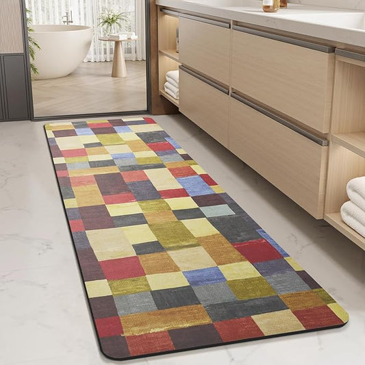 MontVoo -Bath Mat-Non Slip Thin Bathroom Rugs Fit Under Door- Quick Dry Absorbent Faux Suede Surface Grey Bathroom Floor Mats-Shower Rug for in Front of Bathtub Shower Retro Colors Plaid 17x59