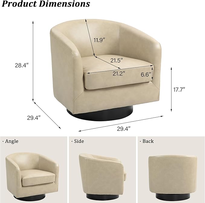 Swivel Barrel Accent Chair, Modern Round Faux Leather Arm Chair for Living Room, Bedroom, Comfy Club Reading Chairs for Adults(Faux Leather, Cream, Set of 2)
