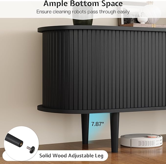 70" Mid-Century Modern TV Stand with Tambour Door, TV Console with Solid Wood Legs for TVs up to 80", Fluted Entertainment Center with Storage for Living Room, Black