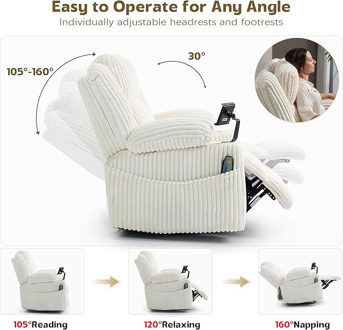 Dual Motor Power Oversized Swivel Rocker Recliner Chair with Adjustable Headrest for Adults, Glider Rocking Chairs with Vibration and Heat, USB Type C, Armrest Storage, Cream White
