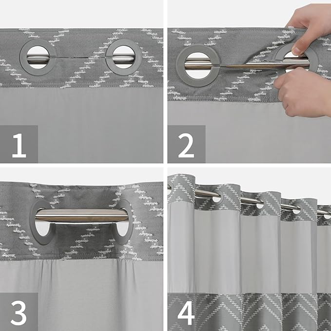 Extra Long Grey No Hook Shower Curtain with Snap-in Liner Set,Boho White Woven Fabric Tufted Chevron Striped Design,Modern Chic Minimalist Bathroom Curtain,71x86