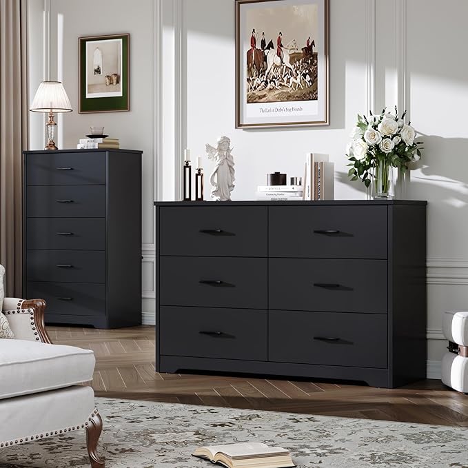 LIDYUK Black Dresser for Bedroom, 6 Drawer Dressers & Chests of Drawers, Modern Wood Dresser, 48 Inches Wide Chest of Drawers for Bedroom, Hallway, Living Room