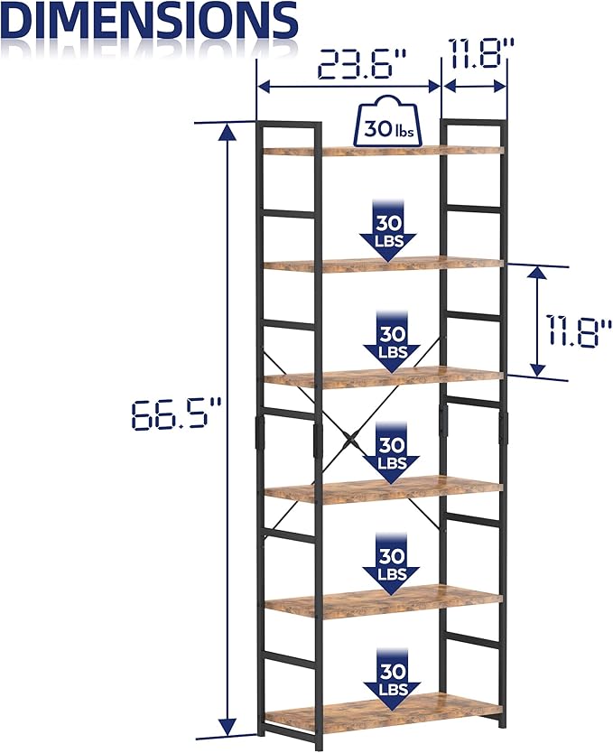 NUMENN 6 Tier Bookshelf, Tall Bookcase Shelf Storage Organizer, Modern Book Shelf for Bedroom, Living Room and Home Office, Vintage