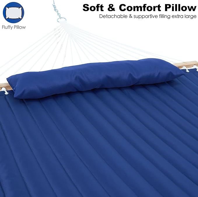 2 Person 12FT Hammocks for Outside, Double Quilted Fabric Outdoor Hammock with Spreader Bar, Large Removable Pillow, Storage Pockets, Carabiners, Max 475 lbs Capacity (Dark Navy)