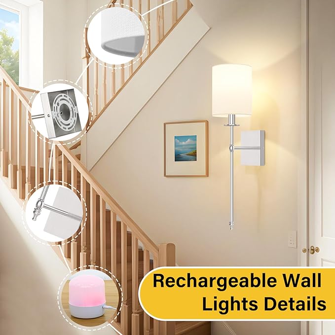27 Inch Battery Operated Wall Sconces Set of 2 with Remote, Brushed Nickel Rechargeable Wireless Wall Lights with White Fabric Shade, Cordless Wall Lamps with Dimmable Detachable Bulbs for Bedroom