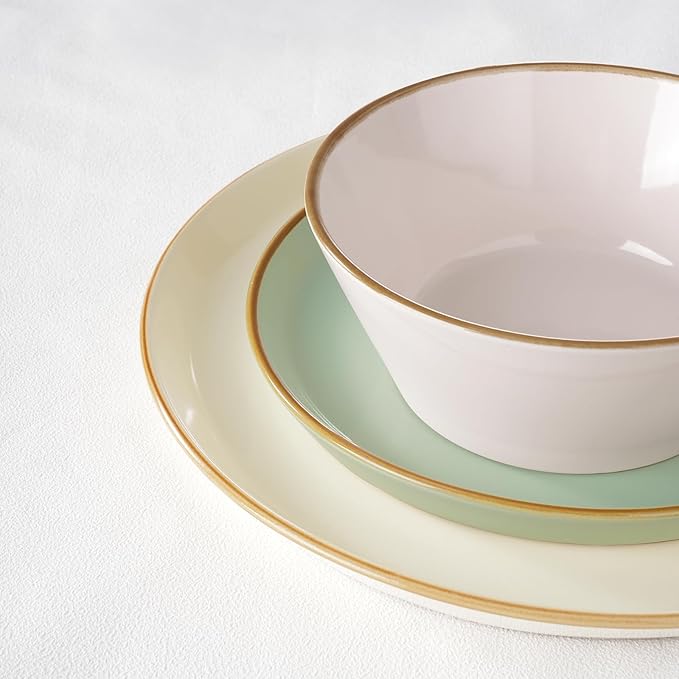 Famiware Saturn Dinnerware Sets, Plates and Bowls Sets for 4, 12 Pieces Stoneware Dish Set - Chip and Scratch Resistant, Microwave and Dishwasher Safe Tableware Set, Multi-color with Rim