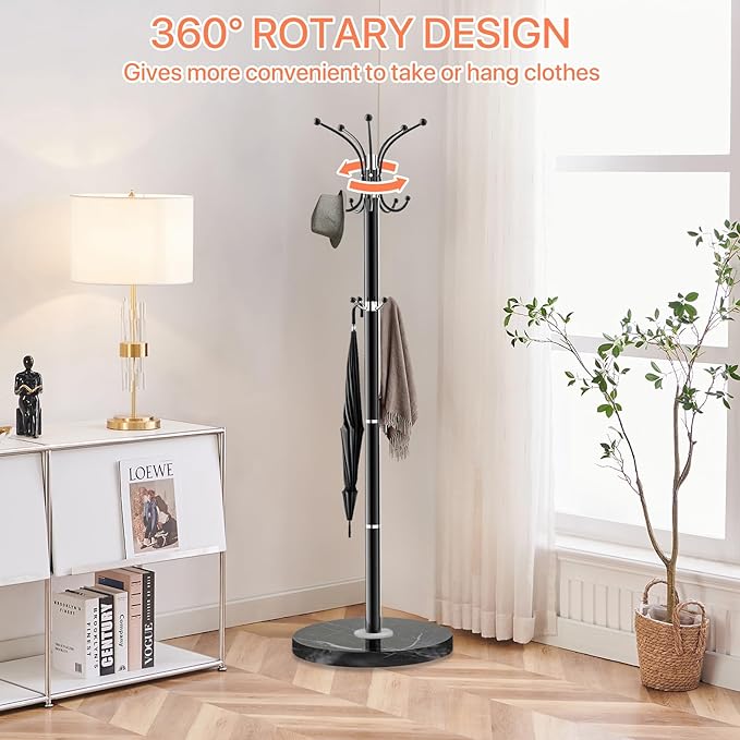 ZOZOE Metal Coat Rack Stand, Modern Coat Rack Freestanding with Natural Marble Base, 360° Rotary Design Coat Racks with 14 Hooks, Coat Tree Hanger Stand for Bags, Hats, Entryway, Office