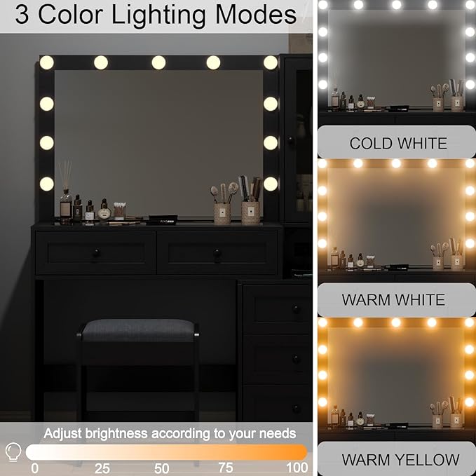 43" W Vanity Desk with Mirror & 11 Lights, 5 Drawer Modern Makeup Desk with Glass top & Cushioned Stool, 3 Lighting Modes Brightness Adjustable,Bedroom Dressing Table, Black