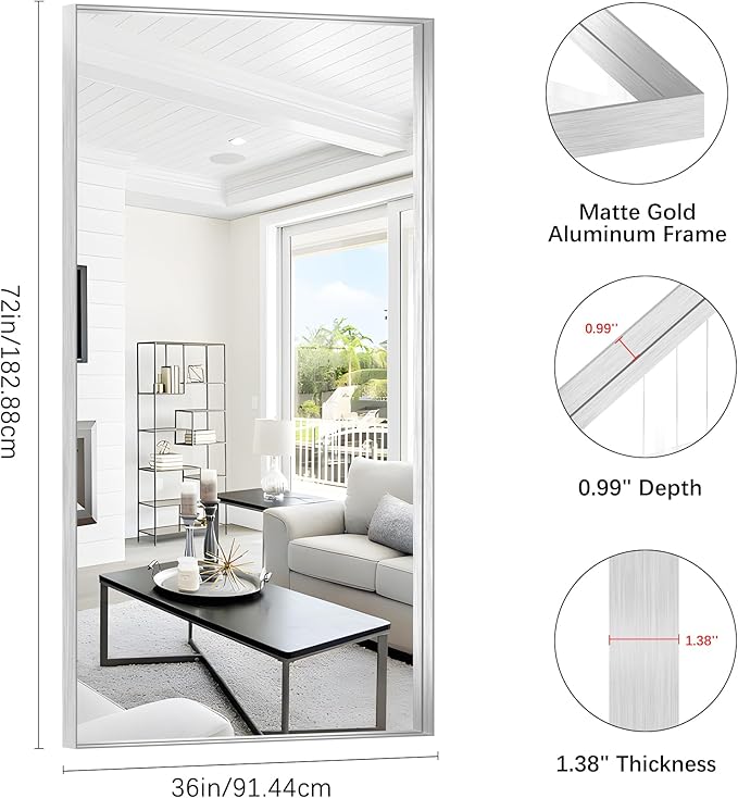 Silver Bathroom Mirror, 72x36 Inch Rectangular Framed Mirror, Large Wall Mounted Bathroom Vanity Mirror Over Sink for Bedroom,Restroom, Living Room, Hangs Vertically or Horizontally