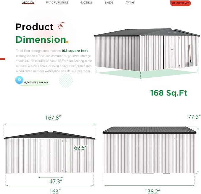 AECOJOY 14' x 12' Outdoor Storage Shed, Large 12x14 Metal Sheds & Outdoor Storage Clearance Steel Yard Shed with Lockable Doors, Utility Tool Storage Garden Shed for Backyard, Patio and Outside use