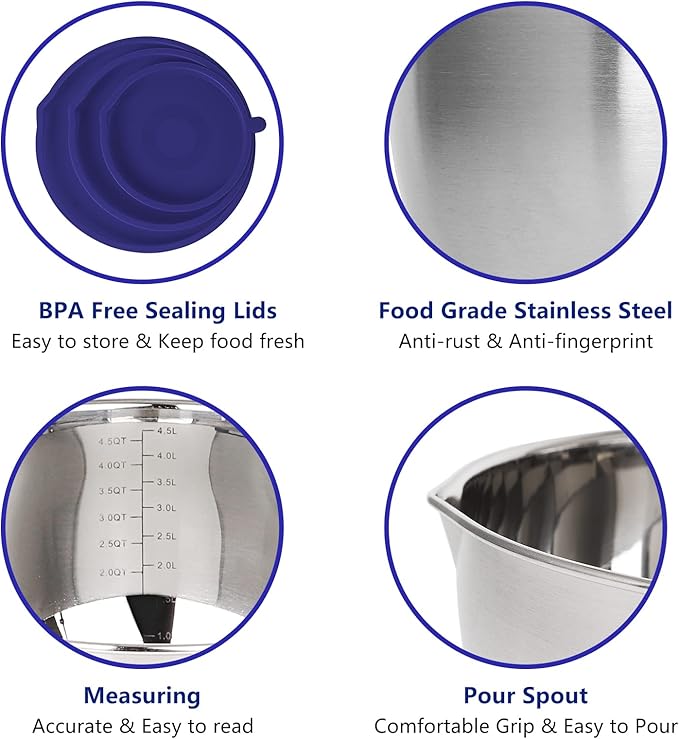 Hillbond Mixing Bowls with BPA Free Airtight Lids Stainless Steel Nesting Bowls with Pour Spout, Silicone Handle Non-Slip Bottoms for Baking, Dishwasher Safe Metal Bowls, 1.5, 3, 5 QT (Blue)