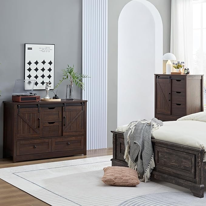 Farmhouse 5 Drawers Dresser for Bedroom, 48" Tall Dresser w/Sliding Barn Door, Rustic Dresser 5 Chest of Drawers, Storage Organizer Dresser for Bedroom, Hallway, Living Room, Dining Room, Espresso
