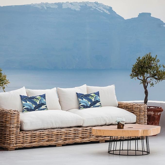 LVTXIII 12×20 Inch Outdoor Lumbar Pillows, Pack of 2 Water Repellent Lumbar Pillow with Inserts, Fluffy Decorative Garden Lumbar Cushions for Home Patio Coach Sofa Use, Swaying Palms Blue