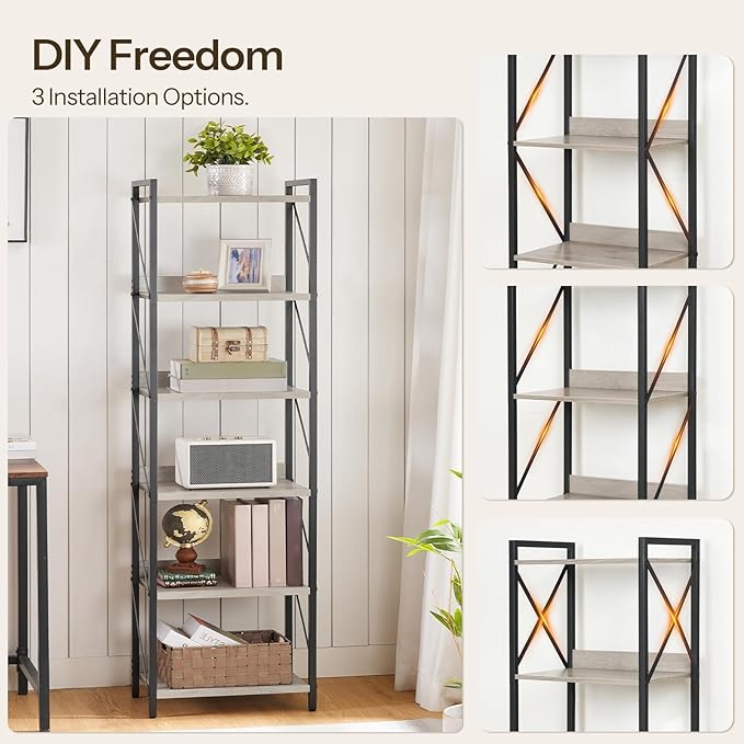 HOOBRO Bookshelf, 6-Tier Industrial Bookcase, Book Shelf Storage Organizer, Tall Bookshelf with Metal Frame for Living Room, Bedroom, Home Office, Kitchen, Greige and Black BG72SJ01