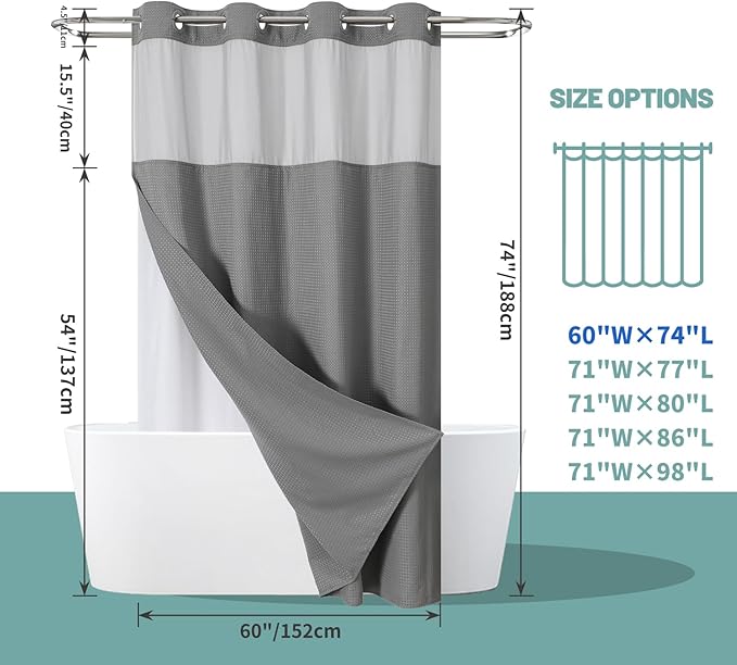 Grey No Hook Waffle Weave Shower Curtain with snap-in Liner Replacement, 230GSM Waterproof Fabric Hotel Shower Curtain Set for Bathroom, Through Mesh Top Window,60Wx74H