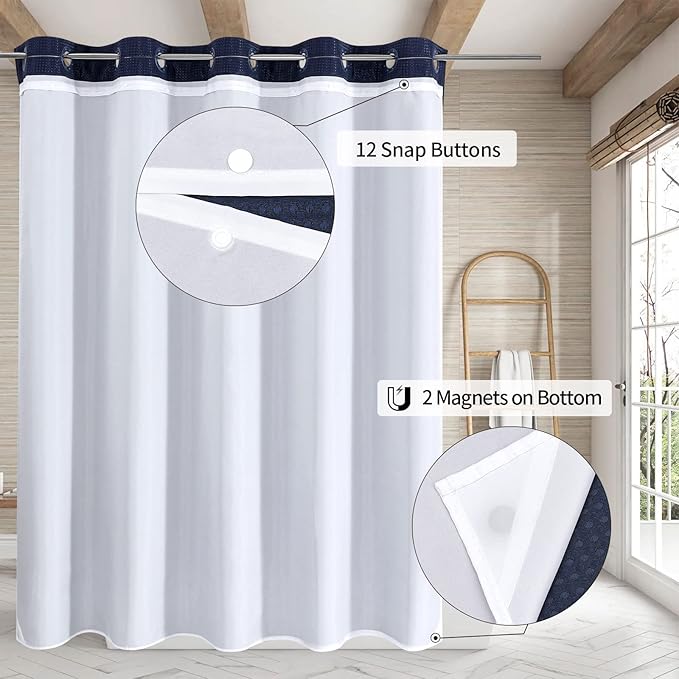 MitoVilla Navy Blue Waffle Long Shower Curtain 72 x 80, No Hooks Required 80 inch Long Fabric Cloth Shower Curtain Set with Cloth Snap-in Liner for Modern Hotel Bathroom Decor