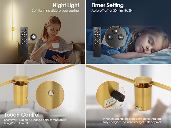 23.6 Inch Battery Operated Wall Sconces Set of Two, 12000mAh Rechargeable Wall Sconce with Remote Control, Dimmable LED Wireless Wall Lights for Bedroom, Living Room, 15 Colors, 180° Rotate, Gold