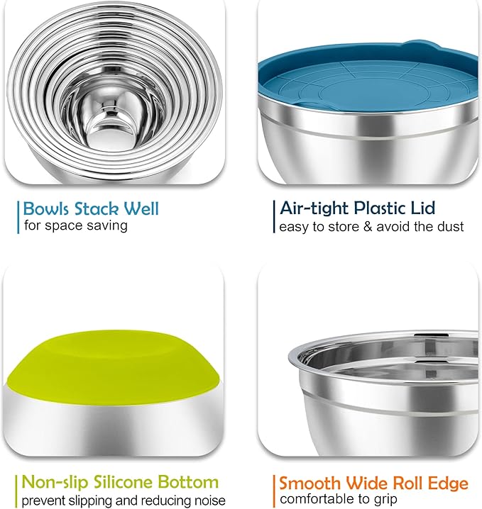 TeamFar Mixing Bowls Set of 7, Stainless Steel Mixing Bowls with Lids for Baking Mixing Prepping, Salad Bowl with Air-tight Lid & Silicone Bottom - 4.6/3.5/2.6/2 / 1.5/1 / 0.7 Qt