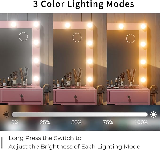 Vanity Desk with Power Outlet, Makeup Vanity with Lighted Mirror, 3 Lighting Modes Adjustable, 9 Drawers Vanity Table with Chair with Fold-up Panel, Glass Top, Dressing Table for Bedroom, Pink