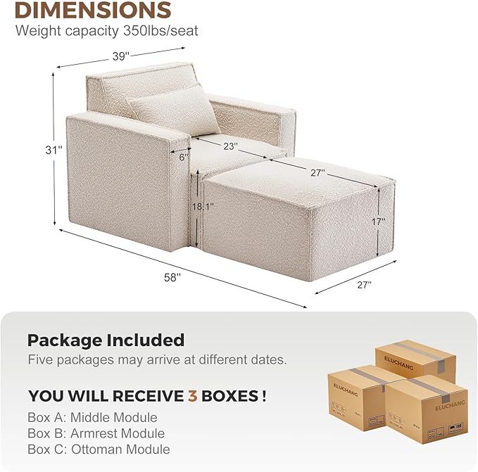 ELUCHANG Oversized Accent Chair with Ottoman,Modern Boucle Sofa Chair with Strong Wood Frame,High Supportive & Soft Sponges Comfy Upholstered Armchair Reading Chairs for Apartment White