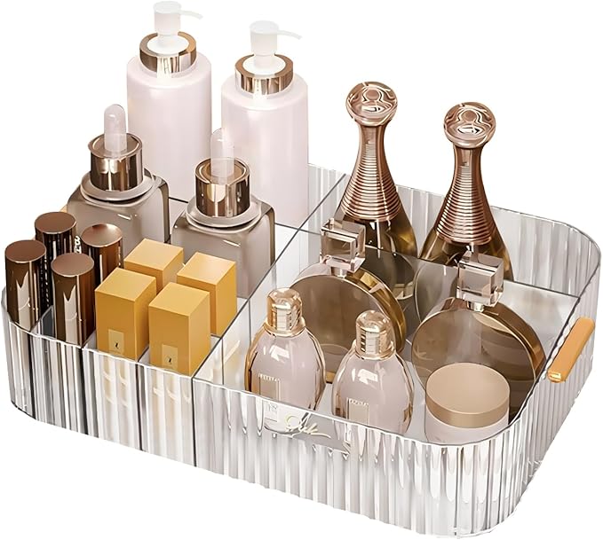 DASITON Large Capacity Makeup Organizer,12 Slots Makeup Brush Holder,Makeup Storage with Handle,Vintage Striped Cosmetic Organizer for Bathroom Countertops,Desk Storage Container(Clear)