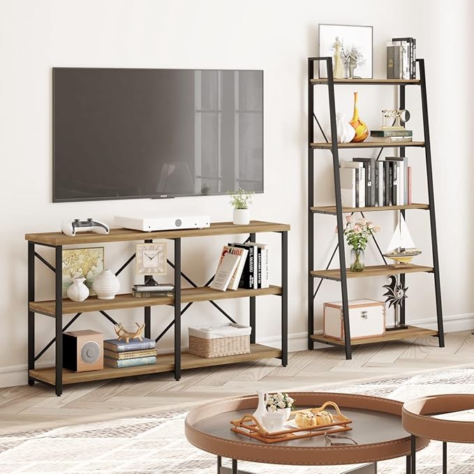 BON AUGURE Console Tables for Entryway, Industrial Sofa Table Behind Couch, 3 Tier Hallway Table for Foyer, Horizontal Bookshelf for Living Room (55 Inch, Vintage Oak)