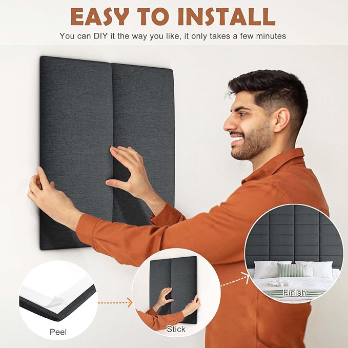 IFNOW Upholstered Wall Mounted Headboard, 3D Soundproof Wall Panels Peel and Stick for Twin Size, Reusable and Removable Tufted Bed Headboard in Black (6 Panels, 10" x 24")