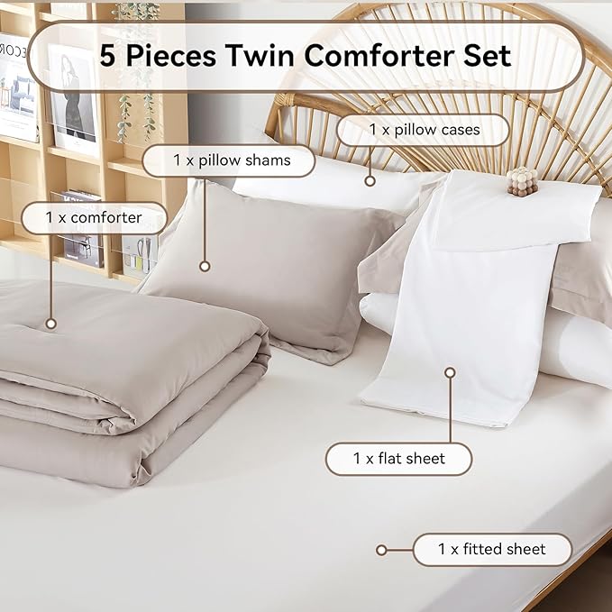 weigelia Twin Comforter Set 5 Pieces LinenGrey Bedding Set All Season Soft Lightweight Comforter Set Bed in a Bag Twin Set with Comforters, Flat & Fitted Sheets, Pillowcases & Shams