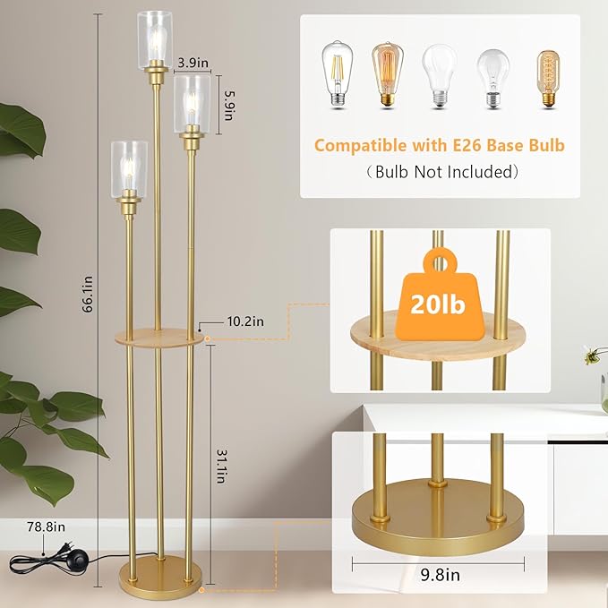 HMVPL Floor Lamps for Living Room, Gold Floor Lamp with Shelves, 3-Lights Modern Brass Standing Lamp with Glass Shades, On/Off Foot Switch, Mid Century Tall Lamp for Bedroom Corner Office(66")