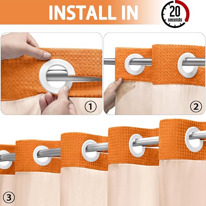 YellyHommy No Hook Shower Curtain with Snap in Liner Set Less Time Waffle Shower Curtain for Bathroom 75" L x 72" W Orange