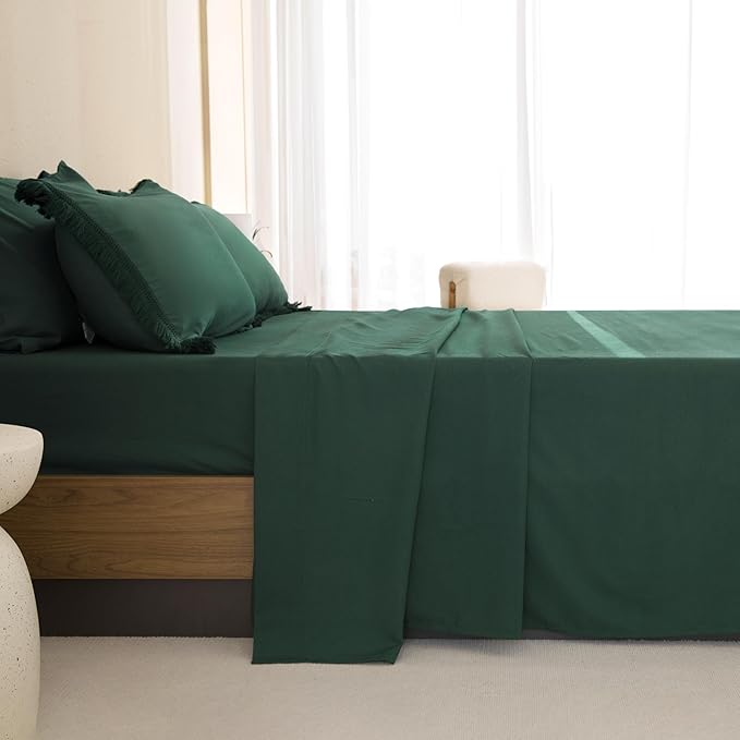 Andency Full Size Comforter Set with Sheets Dark Emerald Green -7 Pieces Bed in a Bag Boho Tassel Bedding Sets, All Season Fringe Bed Set with Comforter, Sheets, Pillowcases & Shams