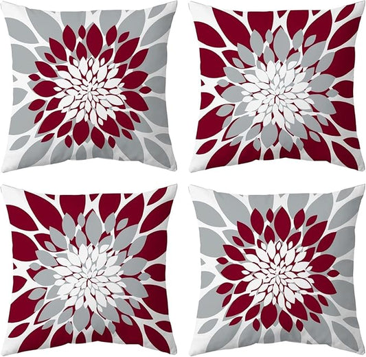 Qahing Pack of 4 Outdoor Waterproof Pillow Covers 20x20 Decorative Outdoor Throw Pillows Garden Square Cushion Cases for Patio Furniture, Couch, Tent Sunbrella, Bench, Burgundy Red Grey