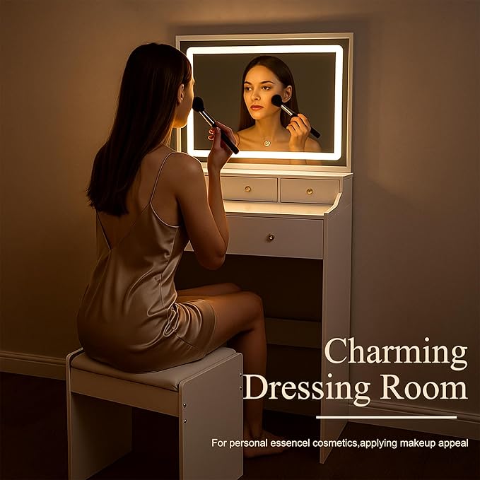 White Vanity Desk with Large Full Size Led Lighted Mirror, 31" Makeup Vanity Table with 5 Storage Drawers, Power Outlet & Hair Dryer Holder, Modern Small Dressing Table for Small Space,Dorm, Bedroom