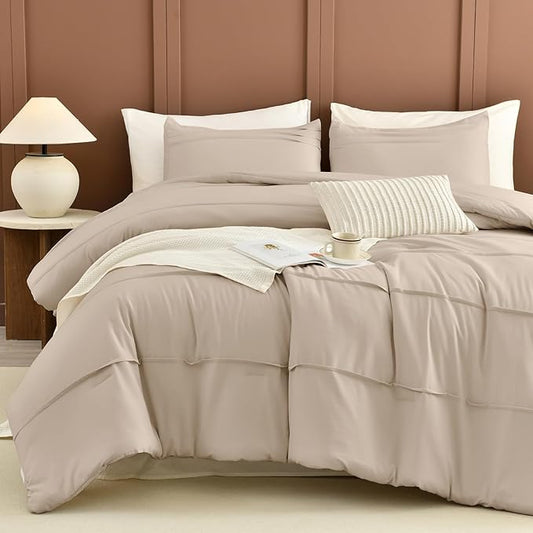 Sanracie Cotton Queen Comforter Set(90"x 95"),Pinch Pleated Linen Colored Breathable Comforter Sets 3Pcs Extra Soft Lightweight Neutral Bedding Set for All Season