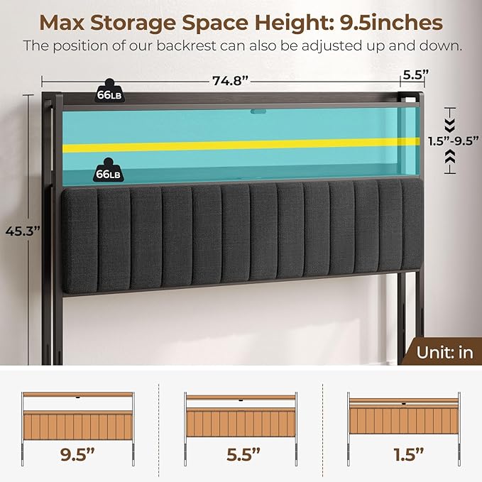 Rolanstar Headboard for King Size Bed with Storage, 60,000 DIY Color of LED Light, Head Board with USB & Type C Port, Height Adjustable, Black Upholstered Cabeceras de Cama Comfortable Modern, Linen