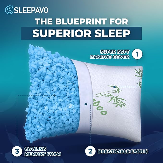 Sleepavo Adjustable Cooling Pillows Queen Size Set of 2 Pack - Extra Soft Shredded Memory Foam Best Pillows for Sleeping - Back, Stomach, Side Sleeper Pillow Medium Firm - Rayon Derived from Bamboo