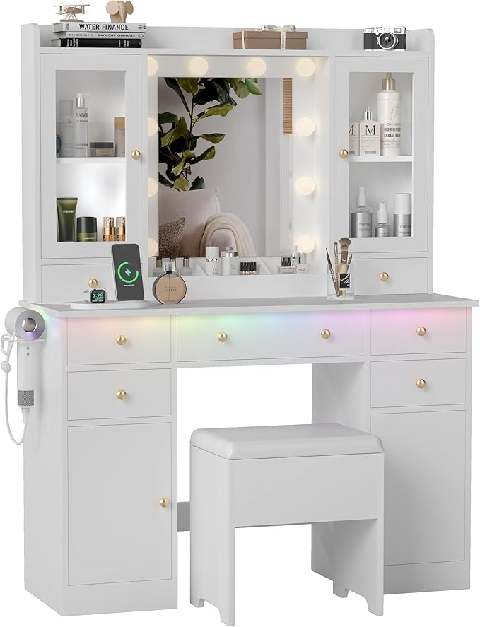 Vanity Desk with Mirror and Lights, 43" White Makeup Vanity Set with 5 Drawers & Glass Cabinets, Storage Stool, Power Outlet & Adjustable LED Lights, Dressing Table for Women & Girls Bedroom
