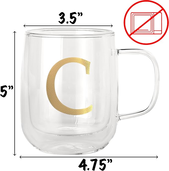 COLLECTIVE HOME - Double Walled Glass Coffee Mugs, Insulated Coffee Mug with Handle, Personalized Gifts for Women, Men, Christmas, 14 oz Monogram Cups (C)
