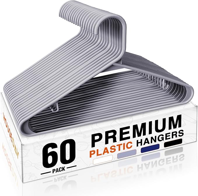 HOUSE DAY Grey Plastic Hangers 60 Pack, Non-Slip Plastic Hanger with Dual Hooks - Slim Space Saving 1/4" Thin Closet Organizers for Coats, Shirts, Pants & Dresses - Lightweight Garment Friendly