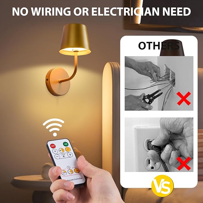 LED Wireless Wall Lamp Set of 2, with 5600mAh Rechargeable Battery Powered Wall Sconces, Touch for Remote Control Infinite Dimming Be Used for Bedroom Mirror Living Room Wall Painting(Gold)