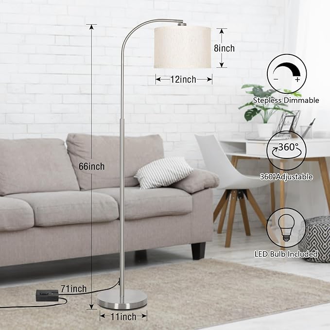 Boncoo Arc Floor Lamp, Dimmable Floor Lamp for Living Room, Standing Lamp with Adjustable Drum Shade, Tall Pole Lamp for Bedroom Study Room Office, 9W 3000K LED Bulb Included
