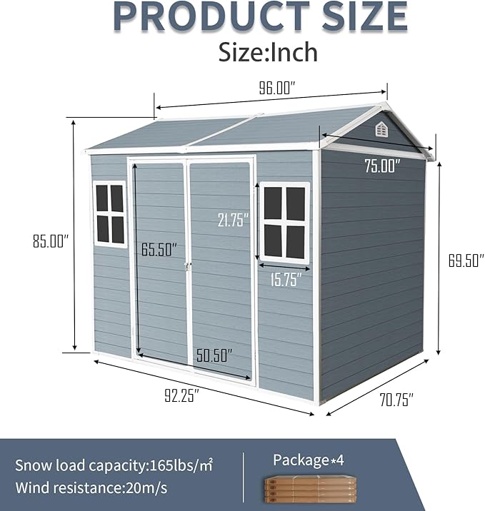 8x6 FT Outdoor Storage Resin Shed with Floor, Waterproof Plastic Garden Tool Shed with Windows, Vents & Lockable Door and Sloped Roof, Easy to Assemble Bike Shed for Patio, Backyard, Lawn, Grey