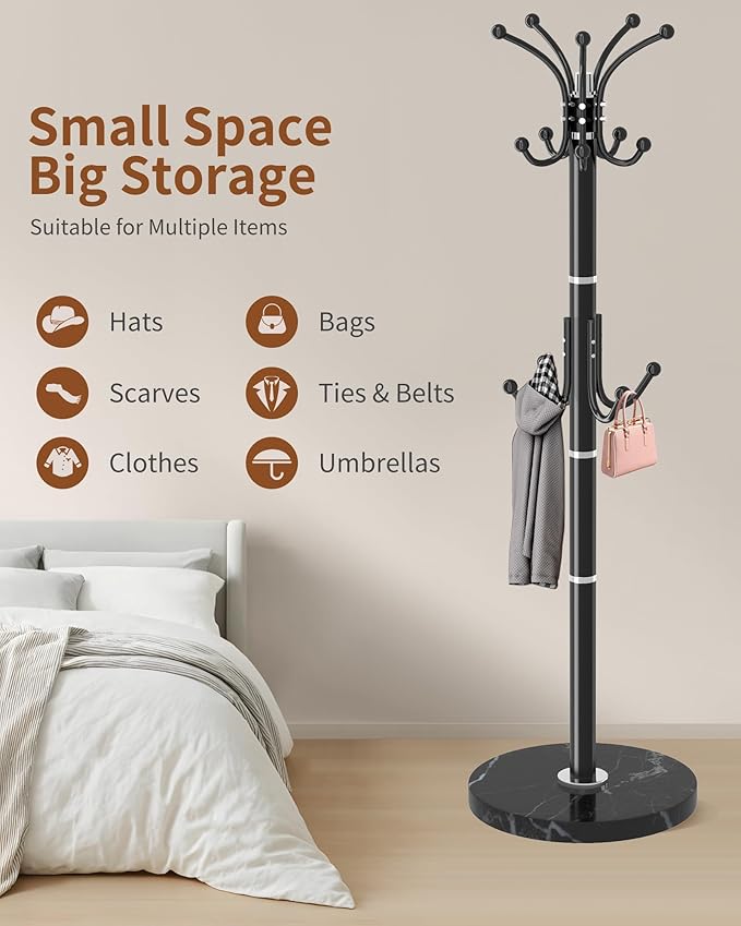 Metal Coat Rack Stand with Natural Marble Base, Modern Coat Rack Freestanding, 360°Rotary Coat Racks with 14 Hooks, Black Coat Stand Hall Tree Hanger Stand for Entryway, Office，Corner