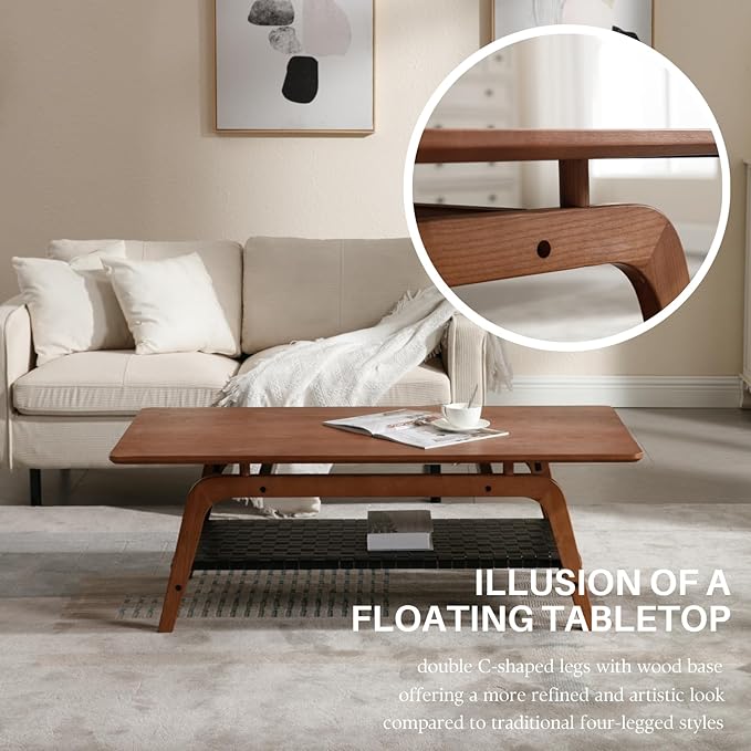 Solid Wood Coffee Table for Living Room, 47” Mid Century Modern 2-Tier Storage Coffee Table Rectangular Coffee Tables with Faux Leather Shelf Storage for Office Apartment, Walnut